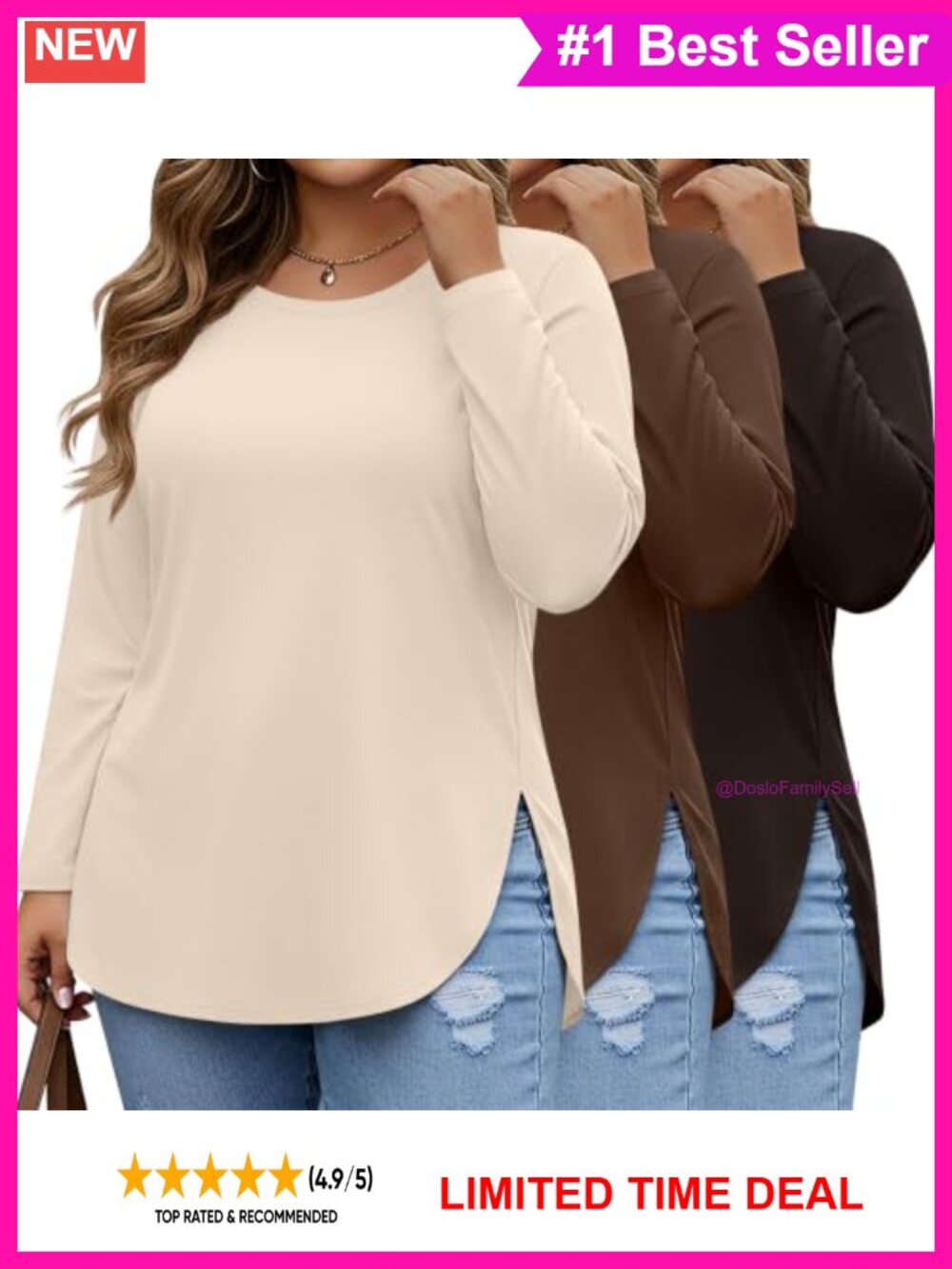 Plus Size Long Sleeve Tunic Tops 3 Pack Crew Neck Curved Hem Slit